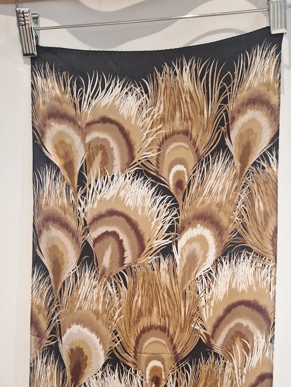 Brooks Brothers Peacock Feather Motif Silk Scarf in Black, Tan and Cream